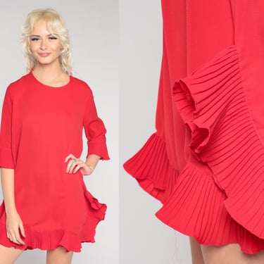 70s Ruffled Dress Red Mini Dress Retro Shift 1/2 Sleeve Party Dress Pleated Dress Boho Flounce Day Hipster Plain Vintage 1970s Medium 