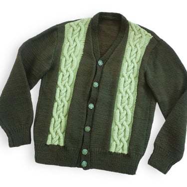 vintage green cardigan / striped cardigan / 1960s green striped wool knit Cobain style grandpa cardigan Small 