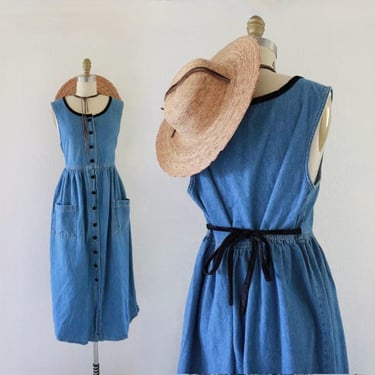 denim tie back dress - m - vintage 90s y2k blue jean button front tie back long maxi size medium 