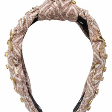 Lele Sadoughi - Beige Print Knot Front Headband w/ Longhorns and Feathers