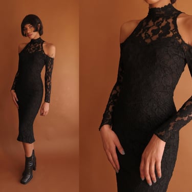 Vintage Black Lace Cold Shoulder Dress/ Size XS Small 