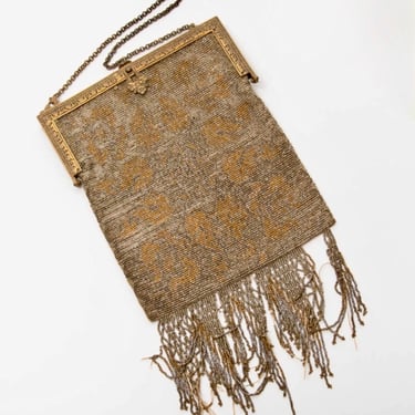 Antique Art Deco French Tapestry Gold Steel Cut Beaded Fringe Handbag Purse 