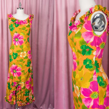 Gorgeous 1960s ALICE Polynesian Fashions Bold Floral Print Fitted Full Length Dress with Ruffled Neckline and Bottom 