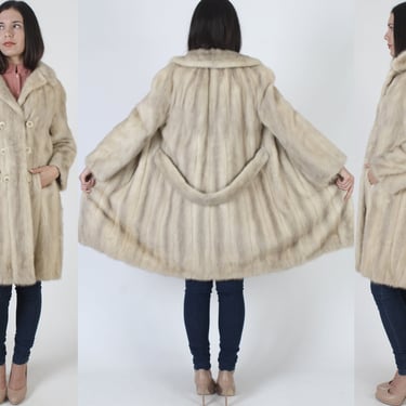 Blonde Double Breasted Tourmaline Mink Coat / Real Fur Plush Cream Opera Overcoat / Luxurious Platinum 60s Stroller Swing Jacket 