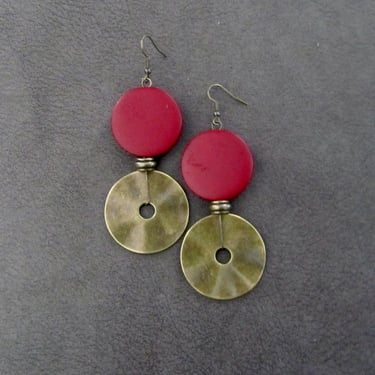 Oversized red and bronze mid century modern earrings 