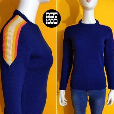 Warm Vintage 70s Navy Blue Wool Ski Sweater with Shoulder Stripe 