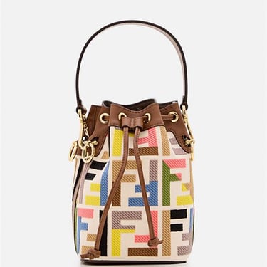 Fendi Women Mini Mon Tresor Embroidered Canvas Bucket Bag