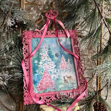 Vintage Hand Painted Pink Christmas Reindeer Tray ~ Pink Christmas ~ One Of A Kind Tray ~ Upcycled Decorative Tray ~ Christmas Wall Art 