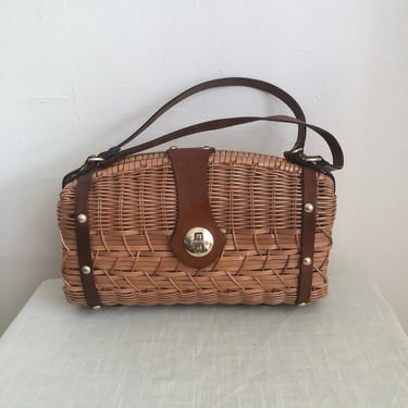 Wicker Basket Bag with Turnlock Closure and Leather Handles - 1960s 