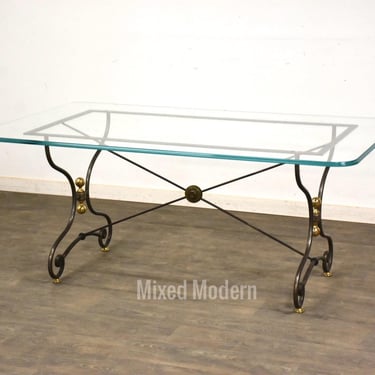 French Brass Steel and Glass Dining Table 