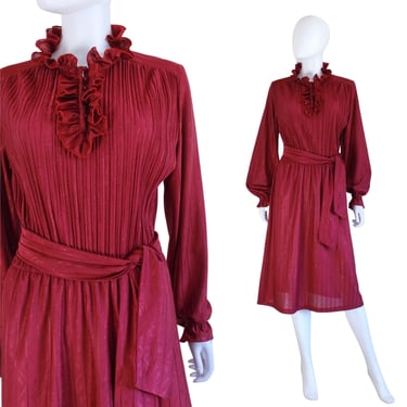 1970s Cranberry Red Ruffled Collar Dress - 1970s Red Dress - 1970s Ruffle Dress - 1970s Burgundy Dress - 1970s Fall Dress | Size Med / Large 