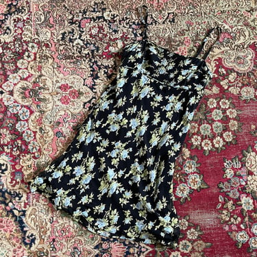 Vintage ‘90s grunge floral print slip dress, sheer rayon dress | black & baby blue summer dress with lingerie straps, XS 