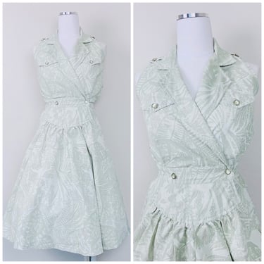 1980s Vintage Palm Frond Cotton Poly Green Shirt Dress / 80s / Eighties Sleeveless Seafoam Wrap Shirt Dress / Size Small 