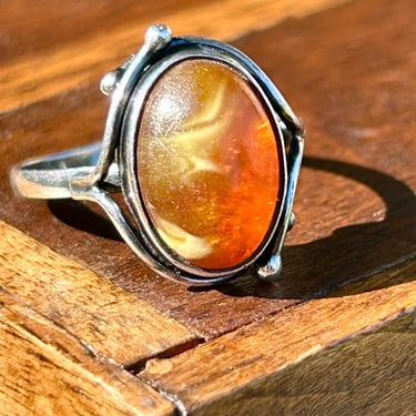 Vintage Silver Amber Ring Handmade Hallmark MF 800 Silver Jewelry Art Nouveau Style 