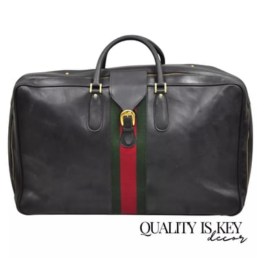 Vintage Gucci Large Black Leather Suitcase Luggage Travel Bag Green Red Webbing