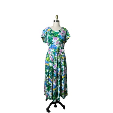 Vintage 80’s Carol Anderson Green Pink Palm Trees Tropical Floral Midi Dress, size 14 