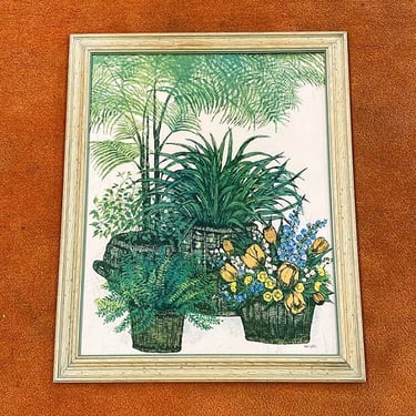 Vintage Ida Pellei Print 1970s Retro Size 35x28 Bohemian + Ferns with Baskets + Turner Wall Accessory + Home + Wall Decor + Plants + Flowers 