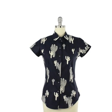 SUMMER SALE!!Rockabilly Cactus Navy Blue Top With Snaps XS-4XL 