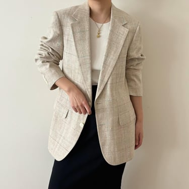 vintage silk blazer oatmeal tweed plaid raw silk double chested classic design fitted blazer silk jacket 90s retro vintage style Made in USA 