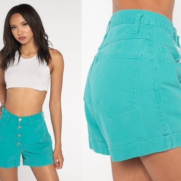 Turquoise Denim Shorts 90s Jean Shorts Exposed Button Fly High Waisted Rise Retro Basic Plain Cuffed Teal Green Vintage 1990s Small S 26 