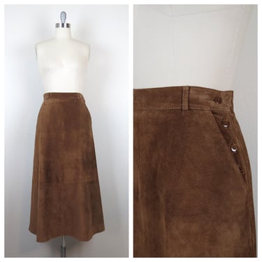 Vintage 1980s 1990s brown suede midi skirt size medium leather skirt A line 