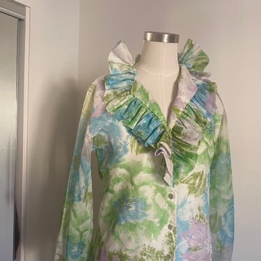 Vintage 60s Mod Lightweight Pastel Patchwork Watercolor and Floral Button Down Blouse with Ruffled Collar; Vintage 70s Spring Blouse M 