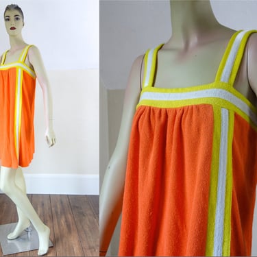 Terry cloth towel beach cover up dress size small med large volup, 70s 80s orange, yellow, white stripe swim or sleep tank mini terrycloth 