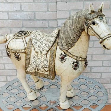 Vintage Bohemian Moroccan Tessellated Bone Tile with Sterling and Stone Medallions Horse Sculpture Statue