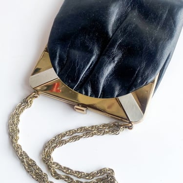 1950s Black Leather & Brass Frame Handbag