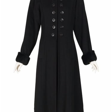 Yves Saint Laurent Fourrures 1980s Vintage Black Cashmere & Wool Fur Trim Coat Sz M 