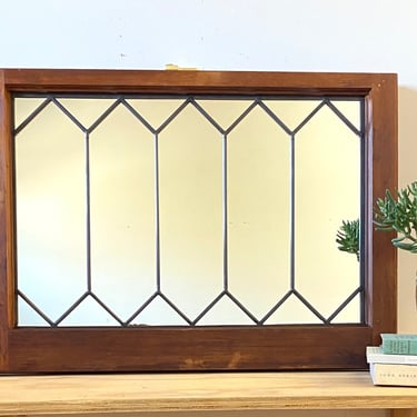 Handmade Craftsman Style Diamond Shaped Leaded Wall Mirror Reclaimed Wooden Wood Window Sash Frame Mission Style 28" x 20" Vintage VTG 