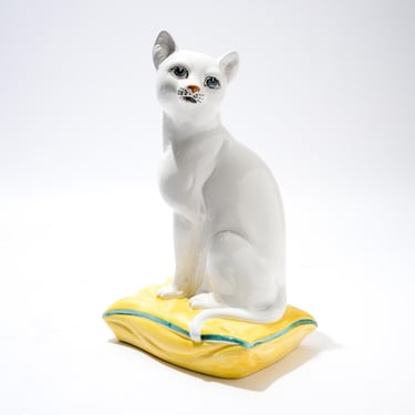 Midcentury Cat Statue, White Cat with Blue Eyes, Cat on Pillow, Italy 