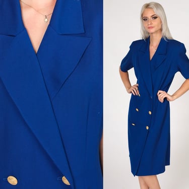 Royal Blue Button Up Dress 80s Midi Double Breasted Dress Secretary Short Sleeve 1980s Vintage Preppy Shift Collared Medium 10 