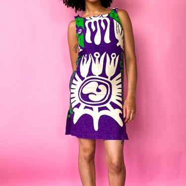 1960s Purple & Cream Geometric Shift Dress, sz. XS