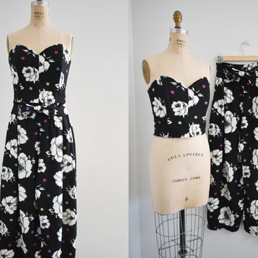 1980s Black and White Floral Bustier and Cullottes Set 