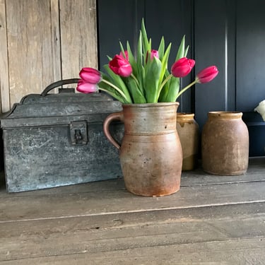 French Pitcher Jug, Pottery, Rustic Stoneware, Vase, Water, Rustic Antique French Farmhouse, Farm Table 