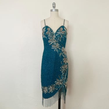 1980s Turquoise Blue Asymmetrical Beaded Fringe Cocktail Dress, Small to Medium | 80s Vintage Sweetheart Neck Dress (S, M, 36-28-38) 