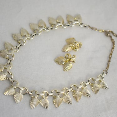 Vintage "Paris" Gold Fan Necklace and Clip Earrings 