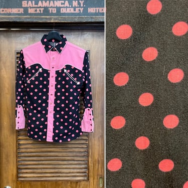 Vintage 1960’s Black x Pink Polka Dot Cotton Western Cowboy Rockabilly Shirt, 60’s Vintage Clothing 