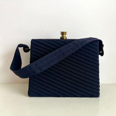 50s Vintage Navy Blue Fabric Lined Textured Top Handle Mini Bag 