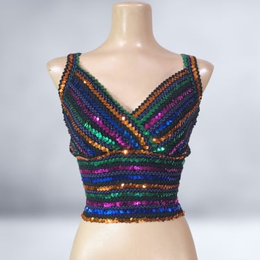 VINTAGE 70s 80s Sexy Sequin Stretch Bra Crop Top Size 18 Plus Size Volup | 1970s 1980s Disco Embellished Sequin Shirt Top | VFG 