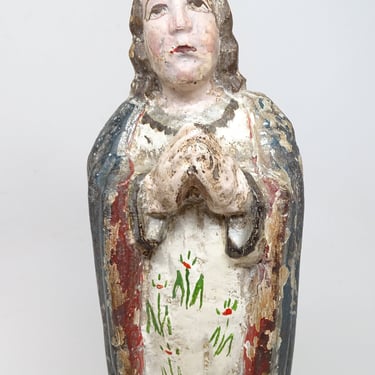 Antique 1800's Saint Mary Santos, Vintage Hand Carved Madonna,  Polychrome Spanish Colonial 