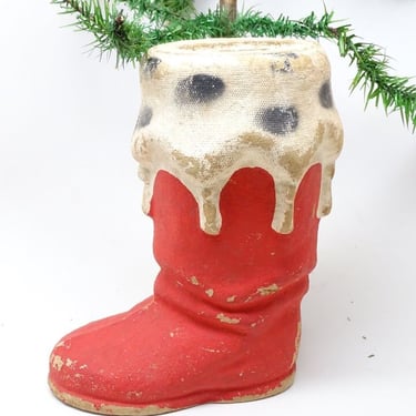 Large 8 Inch Antique 1940's Santa Boot Christmas Candy Container, Vintage Pulp Paper Mache 
