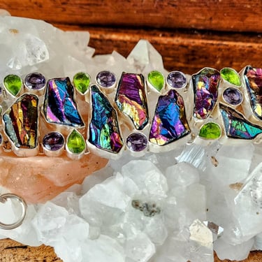 Gemstone & Sterling 925 Link Bracelet~Peacock Titanium druzy~Mothers Day GIft 