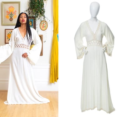 Vintage 1970s Dress | 70s Cream Off-White Cotton Gauze Crochet Wide Bell Sleeve Full Length Maxi Boho Bridal Wedding Gown (x-small/small) 