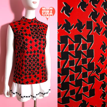 Mod Vintage 60s 70s Red & Black Patterned Sleeveless Top 