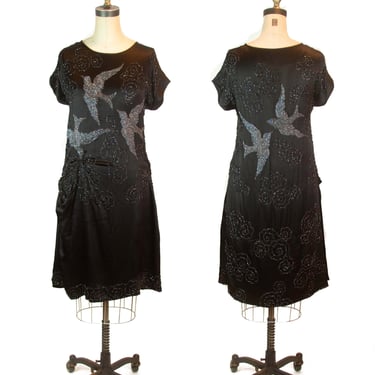 1920s Dress ~ Silver and Black Swallow Silk Dress 