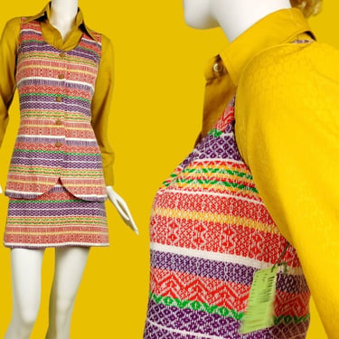 Deadstock 1960s mod skirt set. Festival colorful weave. Long vest & mini skirt. Vintage 60s skirt suit. Modern size 8. 
