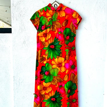 Vintage 60s 70s Hawaiian Bright Orange Floral Cheongsam Dress 1960s 1970s Asian Hawaii Muumuu Qipao 