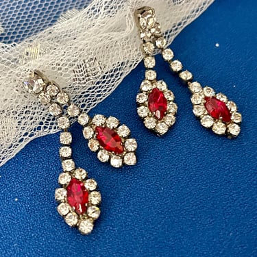 Sparkly Bling Dangle Drop Earrings, Red and Clear Faceted Stones, Vintage 90s 